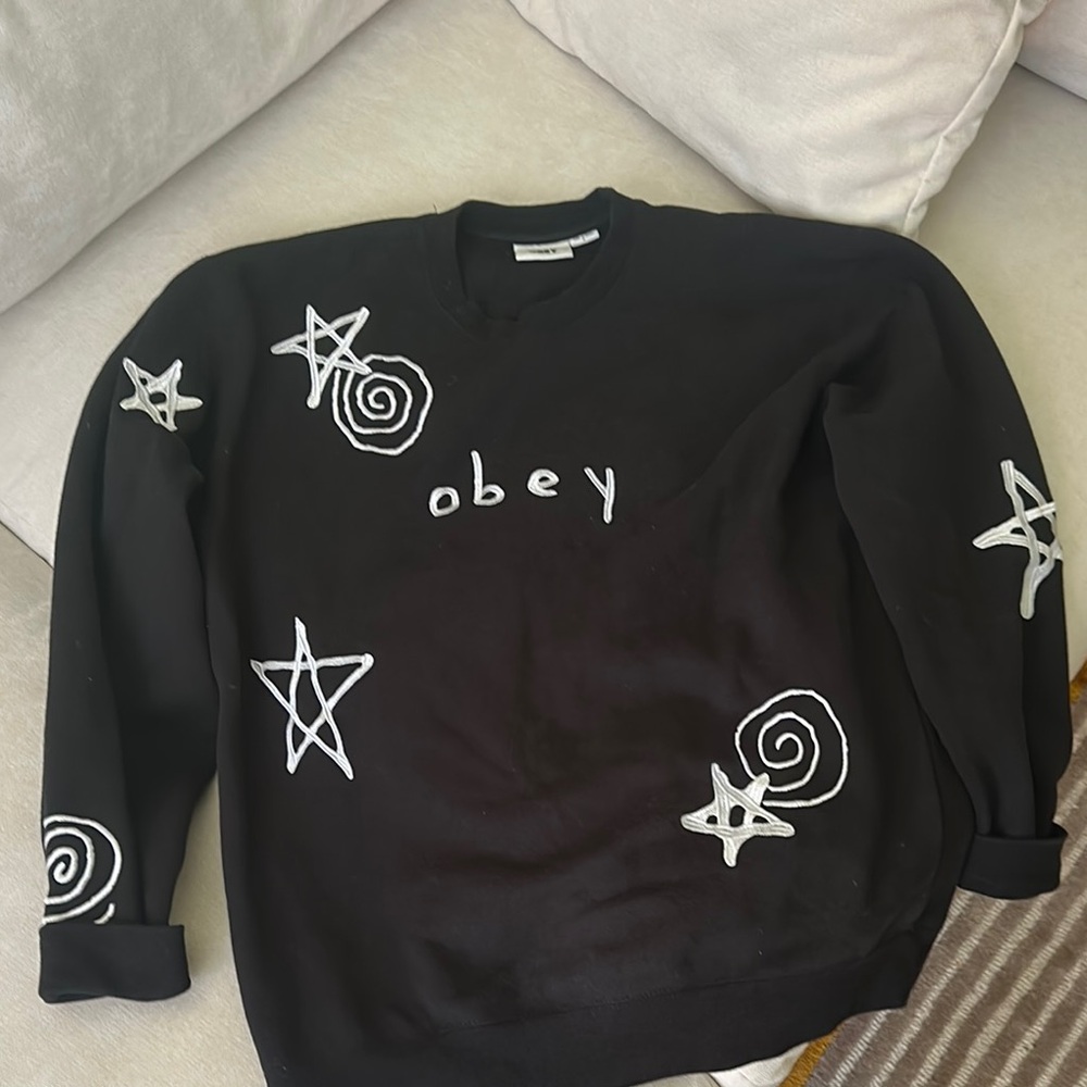 Obey Black Sweatshirt with White Star and Spiral Patterns